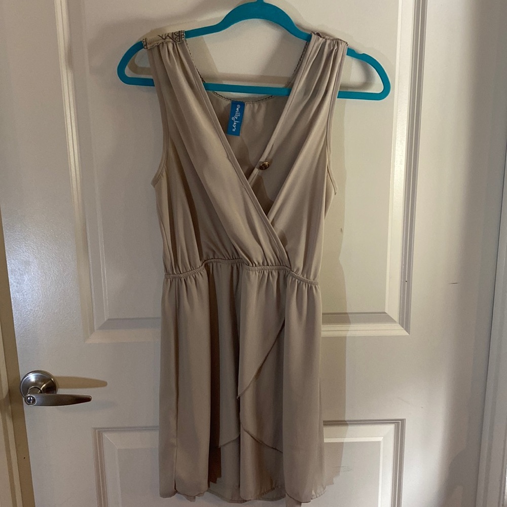 Mini Faux Wrap Fit & Flare Gray/Taupe Dress with Back Embroidery
